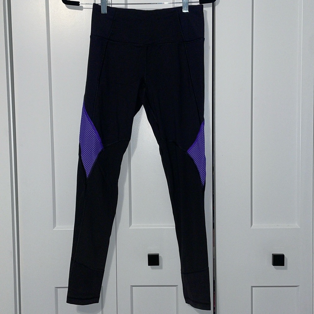 Victoria’s Secret High-Waisted Tights – Black with Purple Mesh, Size Small